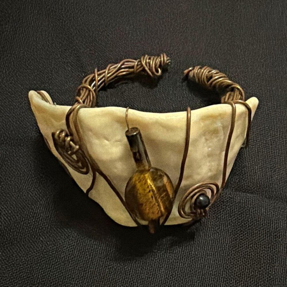Handcrafted Cuff Wire-Wrapped Copper Bangle with Carved Faux Bone & Amber Accent